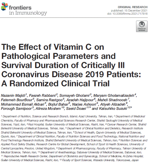Supplement with 500 milligrams of vitamin C increases survival chances in life-threatening covid by a factor of 5